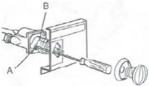 Technical diagram of a mechanical device with labeled parts A and B, showing a clamping mechanism and a separate disassembled component.