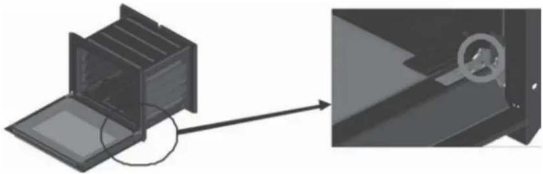 Diagram showing a device with an open lid and a magnified view of its internal components (no text or symbols)