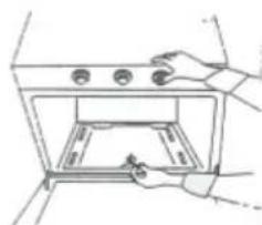 Line drawing of a hand opening a microwave oven with control knobs (no text or symbols)