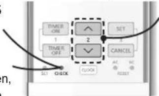 graph TD A["TIMER ON"] --> B["1"] C["TIMER OFF"] --> D["2"] E["CLOCK"] --> F["CANCEL"] G["SET"] --> H["2"] I["RESET"] --> J["AC"] K["n,"] --> L["SET CHECK"]