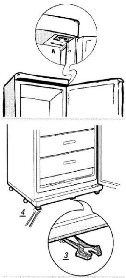 Technical diagram showing a refrigerator interior with labeled parts and a magnified view of the cabinet's side view.