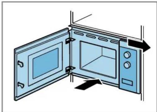 Diagram of a microwave oven with open doors and internal compartments, showing no text or symbols