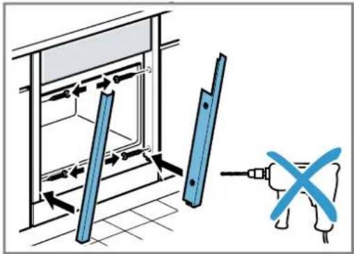 Diagram illustrating a door assembly process with labeled components and a tool, showing directional arrows and a cross symbol.