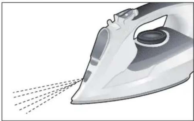 Illustration of a steam iron emitting exhaust lines (no text or symbols)