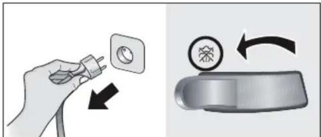Diagram showing a hand holding an electrical plug with a circular socket, and a car handle with a gear symbol and clockwise rotation arrow.