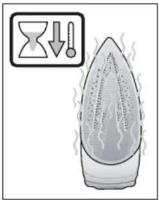 Illustration of a steaming iron with a downward arrow and thermometer symbol, indicating heating or cooling process.