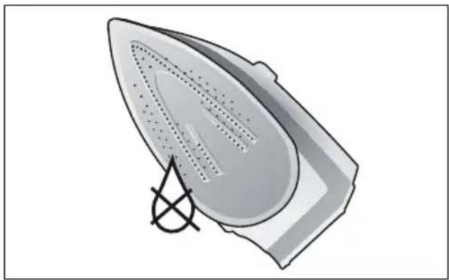 Illustration of a steam iron with a triangular base and cross symbol (no text or symbols)