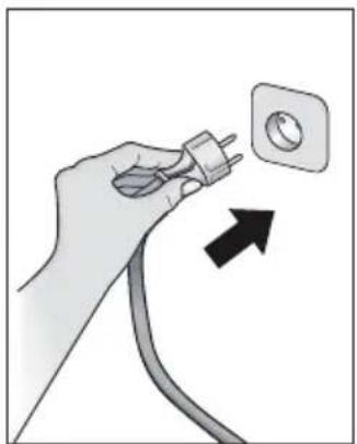 Hand holding a plug with a circular socket, connected to a cable with an arrow indicating direction (no text or symbols).