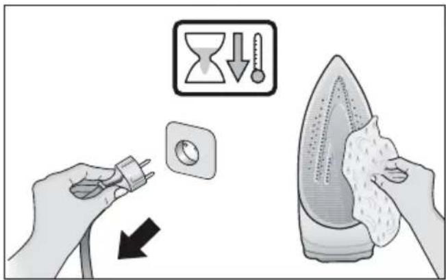 Illustration showing a hand using a power plug to clean air, with a warning symbol and directional arrow indicating cooling.