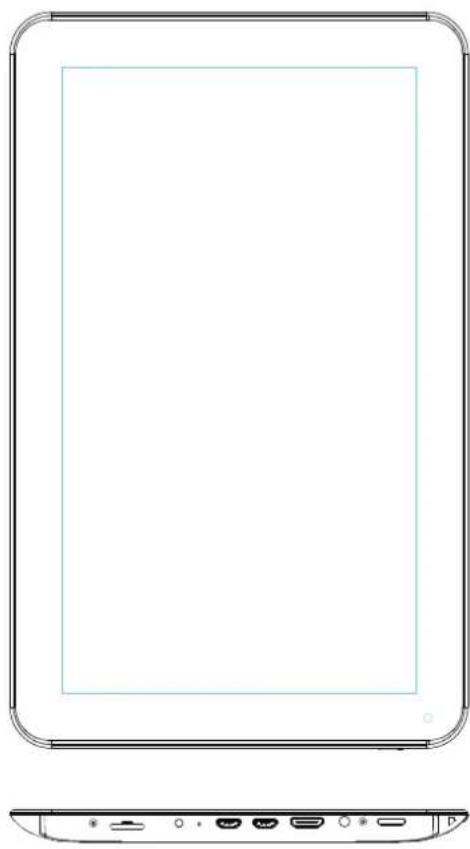 Front and side views of a tablet device showing front panel, left panel with control buttons, and back panel (no text or symbols)