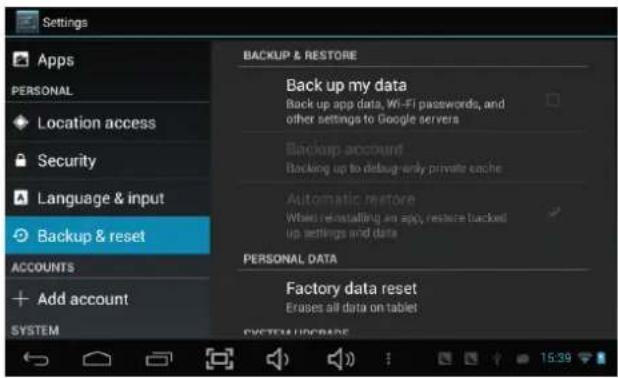 Settings Apps PERSONAL Location access Security Language & input Backup & reset ACCOUNTS Add account SYSTEM BACKUP & RESTORE Back up my data Back up app data, Wi-Fi passwords, and other settings to Google servers Backup account Backing up to debug-only private cache Automatic restore When reinstalli…