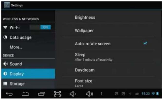 Settings WIRELESS & NETWORKS Wi-Fi ON Data usage More... DEVICE Sound Display Storage Brightness Wallpaper Auto-rotate screen Sleep After 1 minute of inactivity Daydream Font size Large