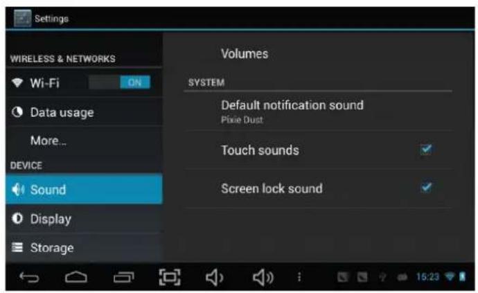 Settings WIRELESS & NETWORKS Wi-Fi ON Data usage More... DEVICE Sound Display Storage Volumes SYSTEM Default notification sound Pixie Dust Touch sounds ✓ Screen lock sound ✓