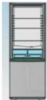Illustration of a multi-tiered storage cabinet with blue internal compartments (no text or symbols)