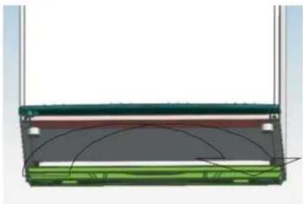 Cross-sectional diagram of a layered structure with colored layers and internal curved elements (no text or symbols)