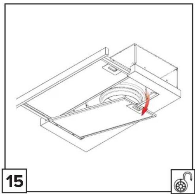 Technical line drawing of a mechanical or architectural component with internal airflow and a red arrow indicating direction (no text or symbols)