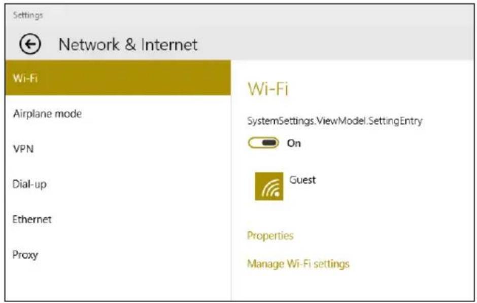 การตั้งค่า ← เครือข่ายและอินเทอร์เน็ต Wi-Fi โหมดเครื่องบิน VPN Dial-up อีเทอร์เน็ต พร็อกซี Wi-Fi SystemSettings.ViewModel.SettingEntry เปิด แขก คุณสมบัติ จัดการการตั้งค่า Wi-Fi