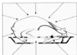 Simple line drawing of a pig on a tray with directional arrows indicating flow or movement. No text or symbols.