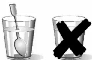 Two glass containers: one with a spoon inside, the other with a black 'X' symbol. No text or labels.