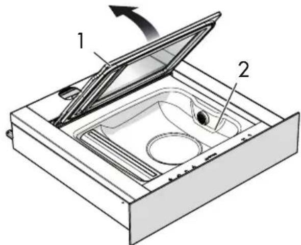 Technical diagram of a mechanical device with labeled components and directional arrow indicating rotation or movement.
