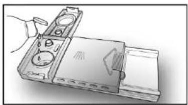 Illustration of a hand holding a container with a water droplet and a speaker, no text or symbols present