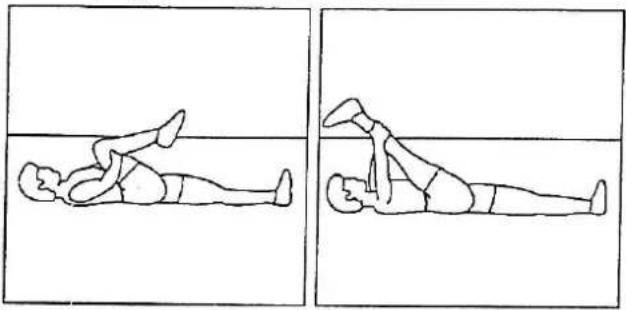Two sequential illustrations of a person performing a leg raise exercise, shown in two different angles (no text or symbols)