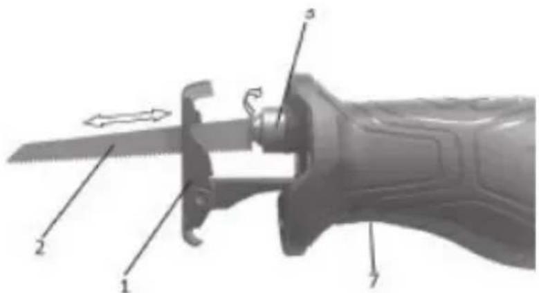 Technical diagram of a mechanical tool with numbered parts labeled 1, 2, 3, and 7
