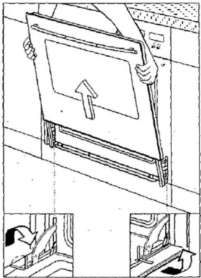 Technical diagram showing a door frame being lifted by hand, with inset images illustrating the process of lifting a wall-mounted component.