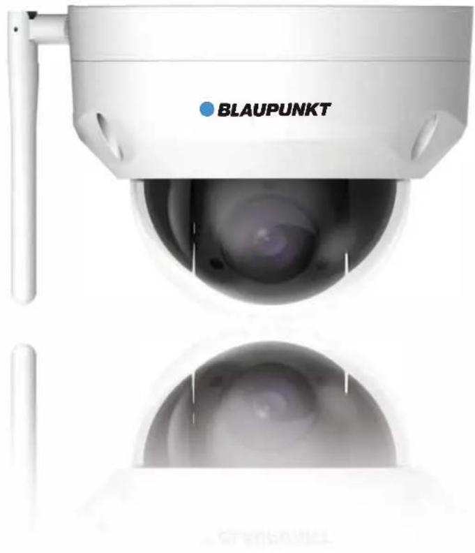 Vue extérieure d'une caméra de sécurité BLAUPUNKT avec objectif et écran visibles (aucun texte ou symbole sur l'appareil lui-même)