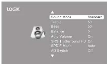 LOGIK Sound Mode Standard Treble 50 Bass 50 Balance 0 Auto Volume On SRS TruSurround HD On SPDIF Mode Auto AD Switch Off