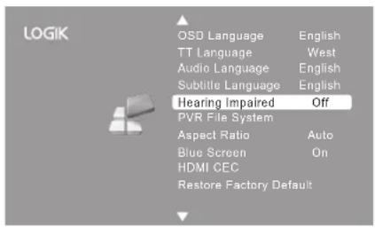 LOGIK OSD Language English TT Language West Audio Language English Subtitle Language English Hearing Impaired Off PVR File System Aspect Ratio Auto Blue Screen On HDMI CEC Restore Factory Default