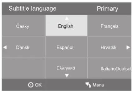 Subtitle language Primary Česky English Français Dansk Español Hrvatski Ελληνικά Italiano Deutsch OK Menu