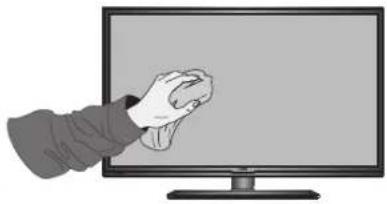 Illustration of a hand cleaning a flat-screen monitor (no text or symbols visible)