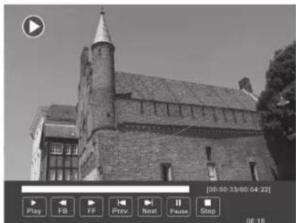 Black-and-white exterior view of a historic brick church with a pointed tower and sloped roof, captured in a video player interface (no visible text or symbols on the building itself)