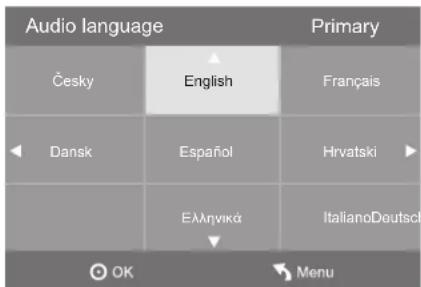 Audio language Primary Česky English Français Dansk Español Hrvatski Ελληνικά Italiano Deutsch OK Menu