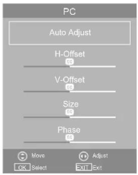 PC Auto Adjust H-Offset 60 V-Offset 60 Size 60 Phase 60 Move OK Select Adjust EXIT Exit