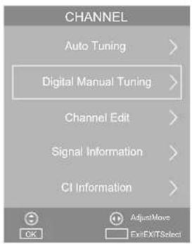 CHANNEL Auto Tuning > Digital Manual Tuning > Channel Edit > Signal Information > CI Information > Adjust Move Exit EXIT Select