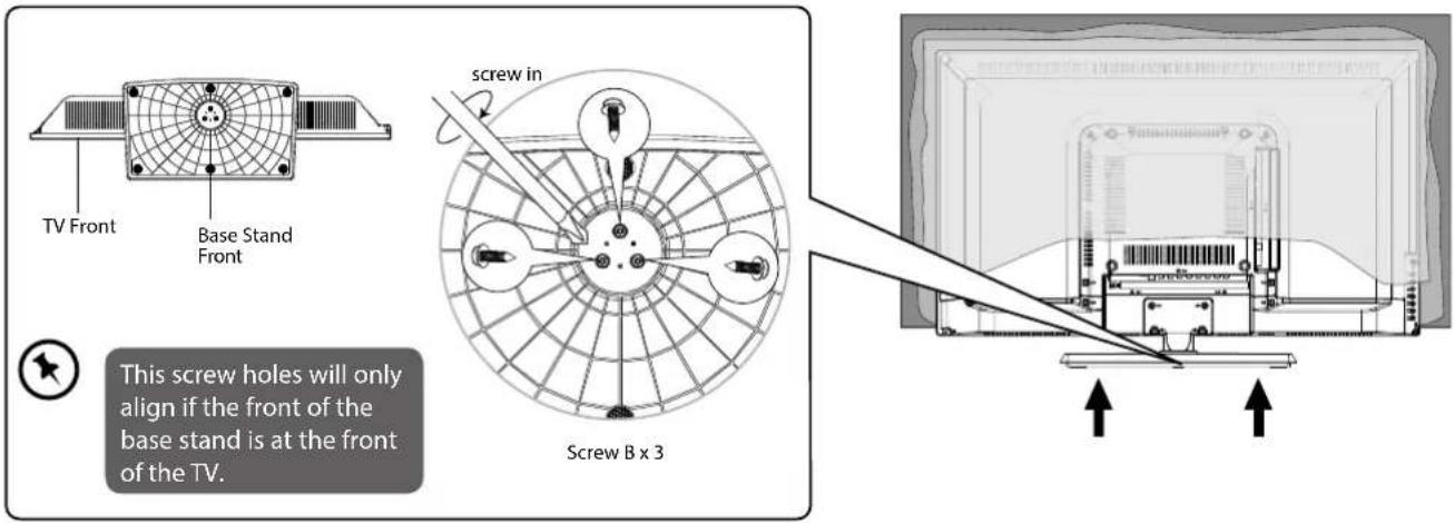 TV Front Base Stand Front screw in Screw B x 3 This screw holes will only align if the front of the base stand is at the front of the TV.