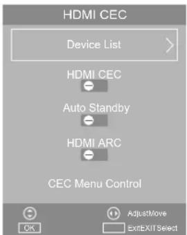 HDMI CEC Device List > HDMI CEC Auto Standby HDMI ARC CEC Menu Control Adjust Move Exit EXIT Select