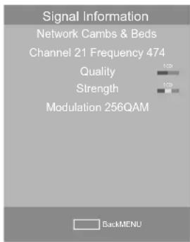 Signal Information Network Cambs & Beds Channel 21 Frequency 474 Quality 138 Strength 106 Modulation 256QAM Back MENU
