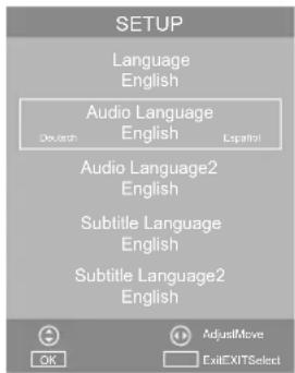 SETUP Language English Audio Language English Spanish Deutsch Audio Language2 English Subtitle Language English Subtitle Language2 English Adjust Move Exit EXIT Select