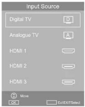 Input Source: Digital TV, Analogue TV, HDMI 1, HDMI 2, HDMI 3. Move, OK, Exit. Exit Select.