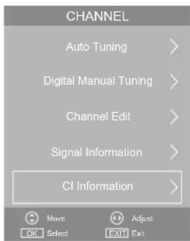 CHANNEL Auto Tuning > Digital Manual Tuning > Channel Edit > Signal Information > CI Information >