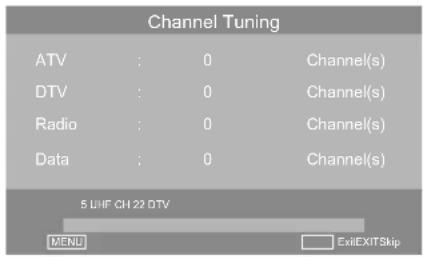 Channel Tuning ATV: 0 Channel(s) DTV: 0 Channel(s) Radio: 0 Channel(s) Data: 0 Channel(s) 5 LHF CH 22 DTV MENU Exit EXIT Skip