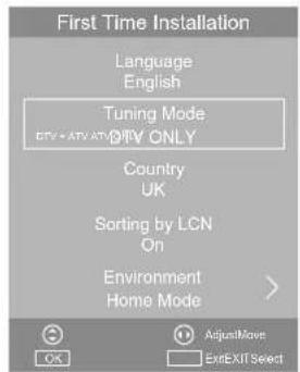 First Time Installation: Language English, Tuning Mode DPIV + ATV ATPO DPIV ONLY, Country UK, Sorting by LCN On, Environment Home Mode. Adjust Move, Exit Select.