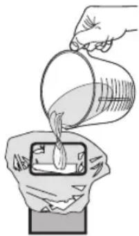 Illustration of a hand pouring liquid from a container into another container with a small container inside (no text or symbols).