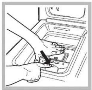 Line drawing of hands installing or adjusting a component inside a storage unit (no text or symbols visible).