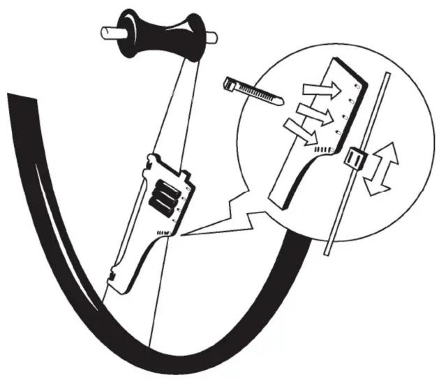 Diagram illustrating mechanical tool installation with magnified detail showing tool path and directional arrows