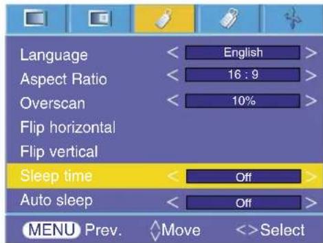 Langue Format d'image Surbalayage Retournement horizontal Retournement vertical Minuterie de mise en veille Mise en veille automatique < Anglais > < 16:9 > < 10% > < Désactivé > < Désactivé > MENU Préc. Déplacer <>Sélectionner
