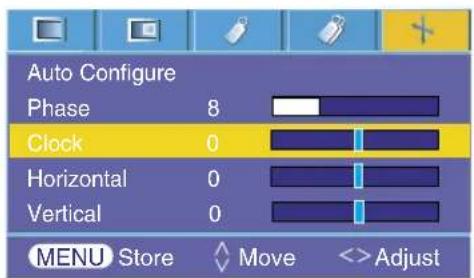 Configuration automatique Phase 8 Horloge 0 Horizontal 0 Vertical 0 MENU Mémoriser ▲ Déplacer <>Ajuster